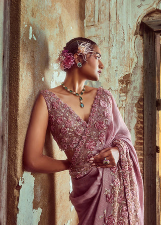 Nitika Gujral-Rose Pink Embroidered Sari Set-INDIASPOPUP.COM