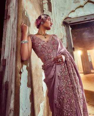 Nitika Gujral-Rose Pink Embroidered Sari Set-INDIASPOPUP.COM