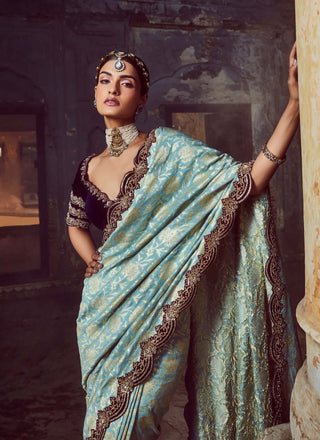 Nitika Gujral-Jade Green Banarsi Sari Set-INDIASPOPUP.COM