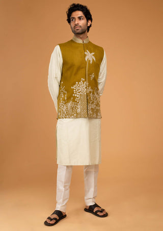 Chatenya Mittal-Mehendi Green Nehru Jacket And Kurta Set-INDIASPOPUP.COM