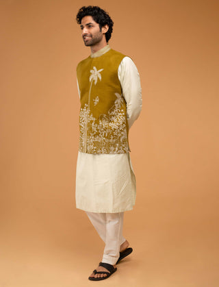 Chatenya Mittal-Mehendi Green Nehru Jacket And Kurta Set-INDIASPOPUP.COM
