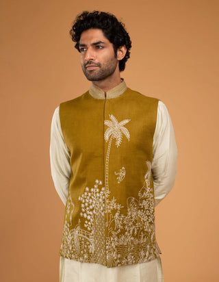 Chatenya Mittal-Mehendi Green Nehru Jacket And Kurta Set-INDIASPOPUP.COM
