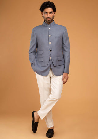 Chatenya Mittal-White Blue Texture Bandhgala And Pants-INDIASPOPUP.COM