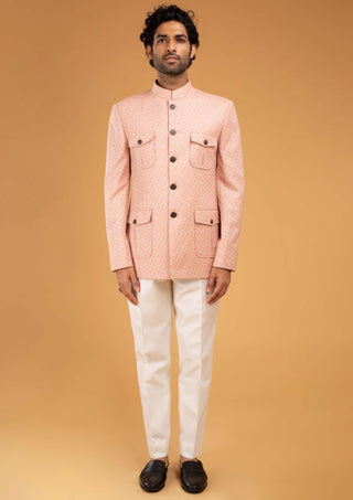 Chatenya Mittal-Peach Jacquard Bandhgala And Pants-INDIASPOPUP.COM