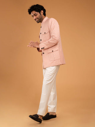 Chatenya Mittal-Peach Jacquard Bandhgala And Pants-INDIASPOPUP.COM