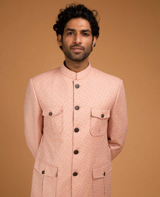 Chatenya Mittal-Peach Jacquard Bandhgala And Pants-INDIASPOPUP.COM