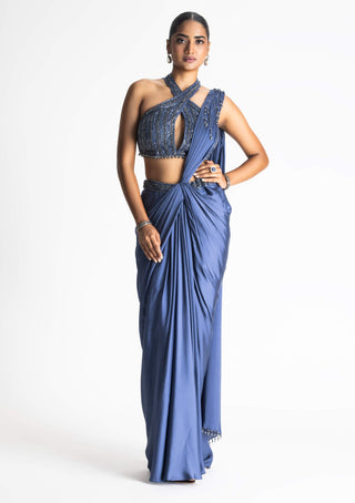 Nitika Gujral-Stone Blue Draped Sari And Blouse-INDIASPOPUP.COM