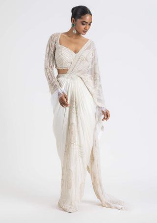 Nitika Gujral-Ivory Satin Pre-Draped Sari And Blouse-INDIASPOPUP.COM