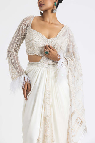 Nitika Gujral-Ivory Satin Pre-Draped Sari And Blouse-INDIASPOPUP.COM