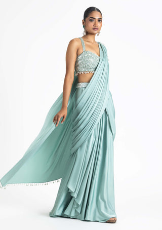 Nitika Gujral-Jade Green Draped Sari And Blouse-INDIASPOPUP.COM