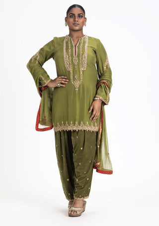 Nitika Gujral-Mehendi Green Silk Kurta And Salwar Set-INDIASPOPUP.COM