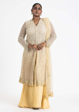 Nitika Gujral-Gold Ombre Net Jacket And Sharara Set-INDIASPOPUP.COM