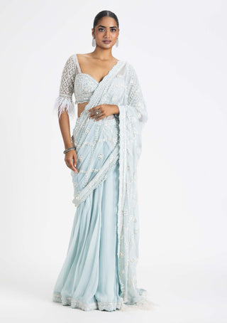 Nitika Gujral-Ice Blue Shimmer Sari And Blouse-INDIASPOPUP.COM