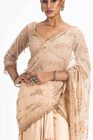 Nitika Gujral-Nude Satin Draped Sari And Blouse-INDIASPOPUP.COM