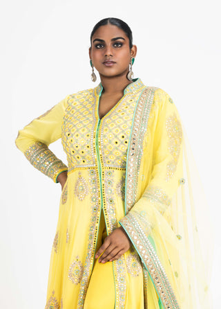 Nitika Gujral-Yellow Georgette Kalidar Jacket And Sharara Set-INDIASPOPUP.COM