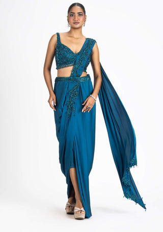 Nitika Gujral-Peacock Blue Draped Sari And Blouse-INDIASPOPUP.COM