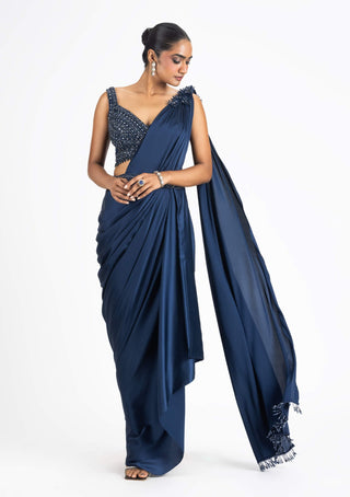 Nitika Gujral-Midnight Blue Draped Sari And Blouse-INDIASPOPUP.COM
