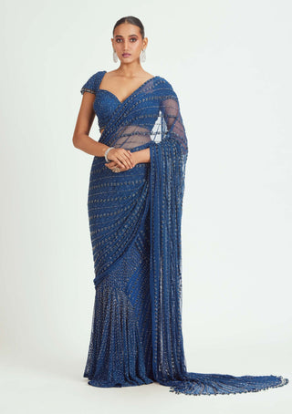 Nitika Gujral-Cobalt Blue Net Draped Sari And Blouse-INDIASPOPUP.COM