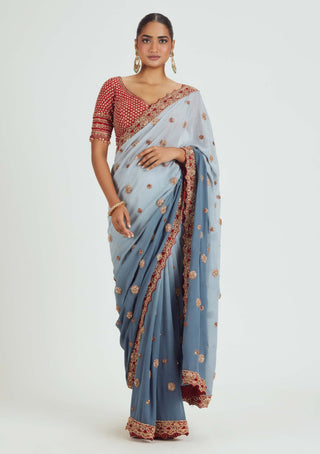 Nitika Gujral-Ombre Dyed Gray Georgette Sari Set-INDIASPOPUP.COM