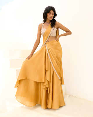 Gold and silver manya pre-draped sari and blouse