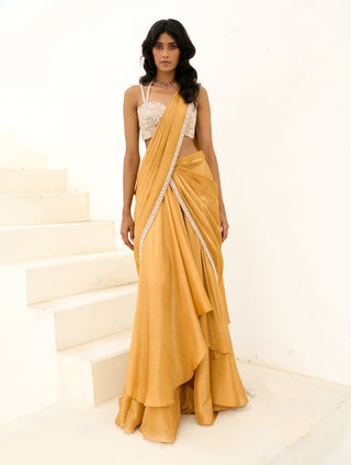 Gold and silver manya pre-draped sari and blouse