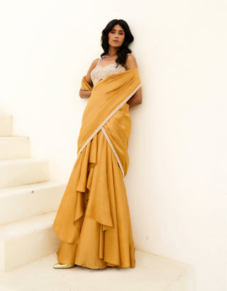 Gold and silver manya pre-draped sari and blouse