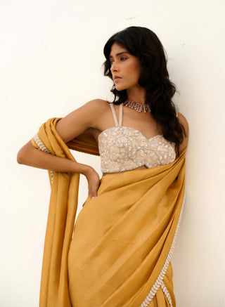 Gold and silver manya pre-draped sari and blouse