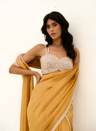 Gold and silver manya pre-draped sari and blouse
