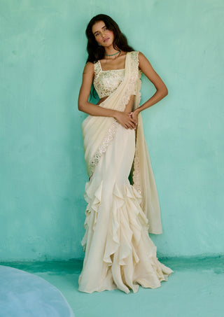 Ivory ziya pre-drape sari and blouse
