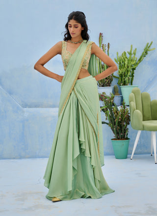 Green haseen pre-draped sari and blouse