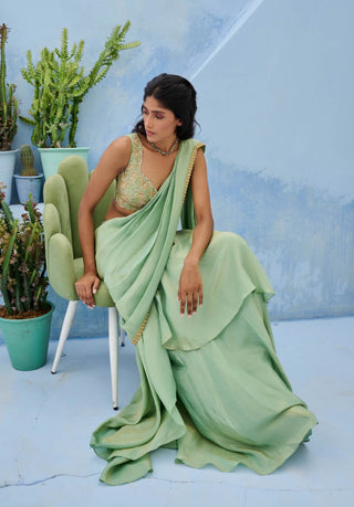 Green haseen pre-draped sari and blouse