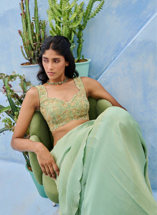 Green haseen pre-draped sari and blouse