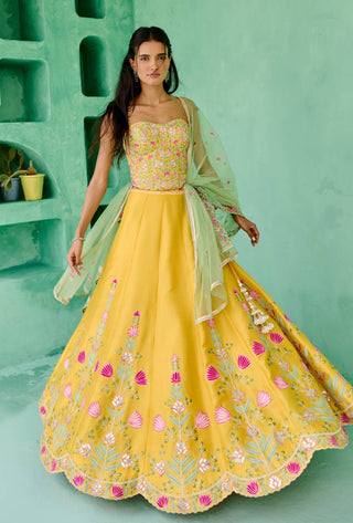 Yellow and green falak lehenga set