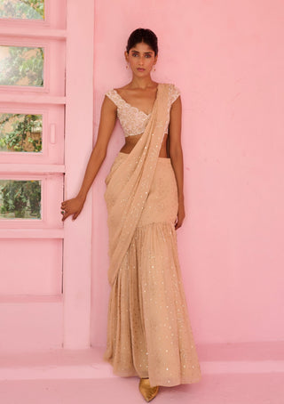Beige suhana pre-draped sari and blouse