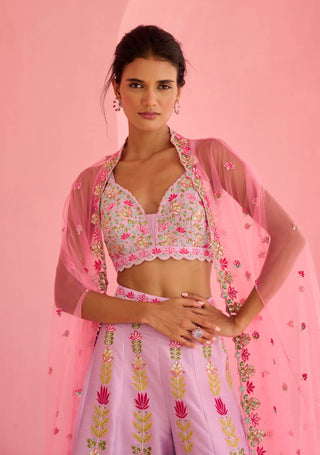 Lavender and pink ghazal flared pant and cape set