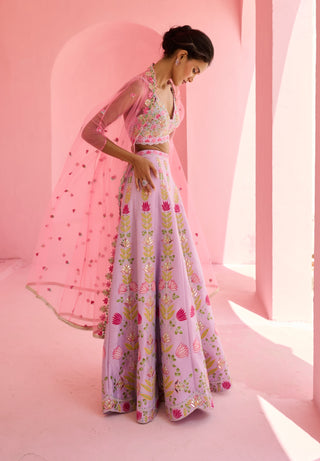 Lavender and pink ghazal flared pant and cape set