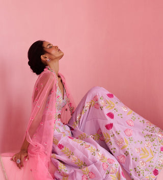 Lavender and pink ghazal flared pant and cape set