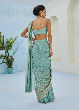 Dusty green sufi pre-draped sari and blouse