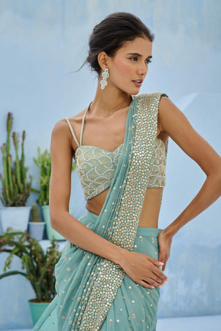Dusty green sufi pre-draped sari and blouse