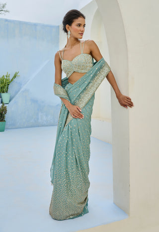 Dusty green sufi pre-draped sari and blouse