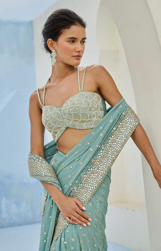 Dusty green sufi pre-draped sari and blouse