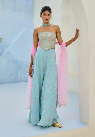 Blue and pink suhana flared pant and corset set