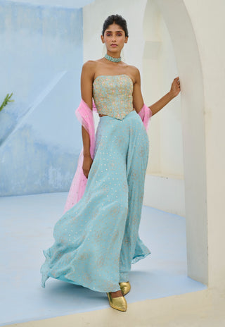 Blue and pink suhana flared pant and corset set