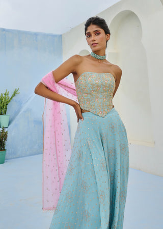 Blue and pink suhana flared pant and corset set
