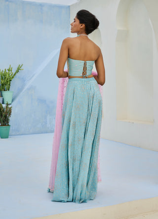 Blue and pink suhana flared pant and corset set