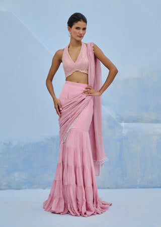 Blush pink razia pre-draped sari and blouse