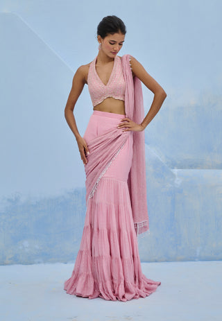 Blush pink razia pre-draped sari and blouse