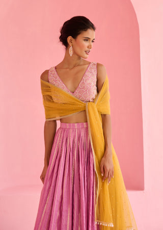 Lavender pink and yellow hunar lehenga set