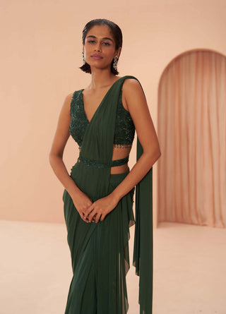 Parul Gandhi-Indian Green Draped Sari Set-INDIASPOPUP.COM
