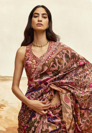 Dusky Pink Floral Sari And Blouse by Punit Balana available on Indiaspopup.com